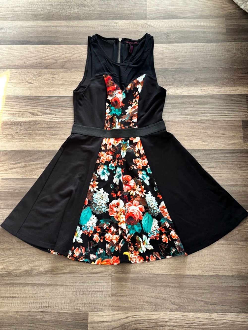 Material Girl Black Fit-and-Flare Dress with Floral Panel